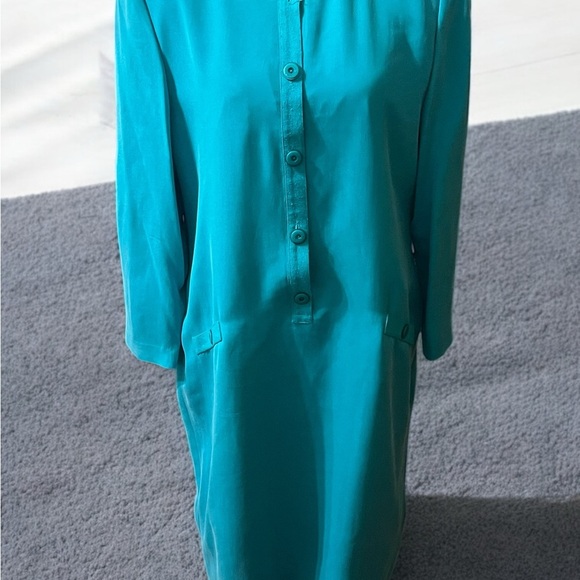 Teal 100% Silk Lined Midi Dress with Round Collar for Work - Picture 1 of 4